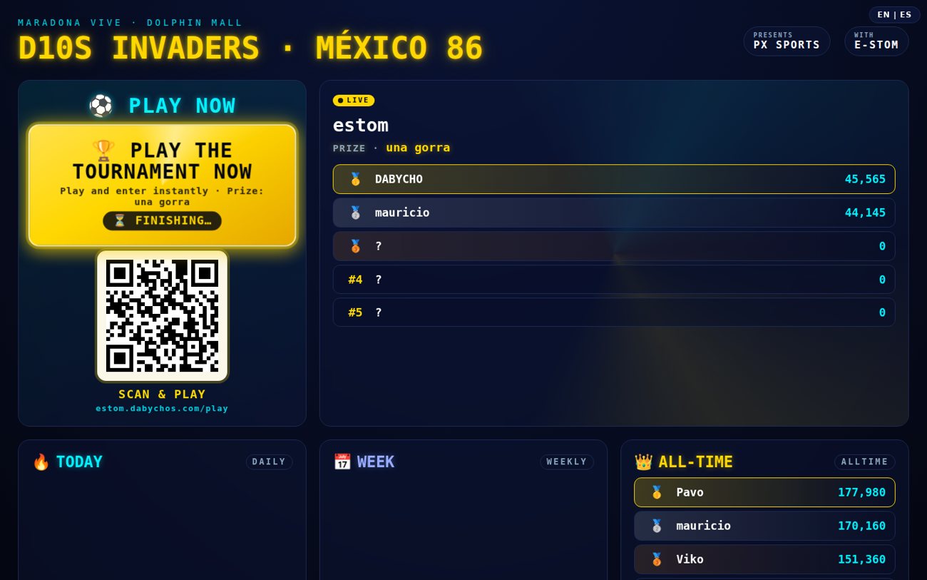 D10S Invaders: el hub del museo, con torneo en vivo y rankings.